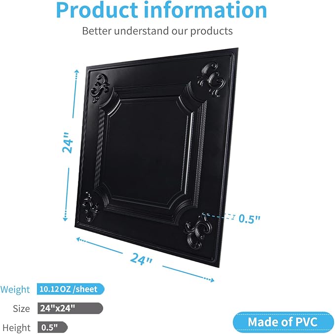 Art3d Drop Ceiling Tiles 24x24 in Black, Wainscoting Panels Glue Up 2x2