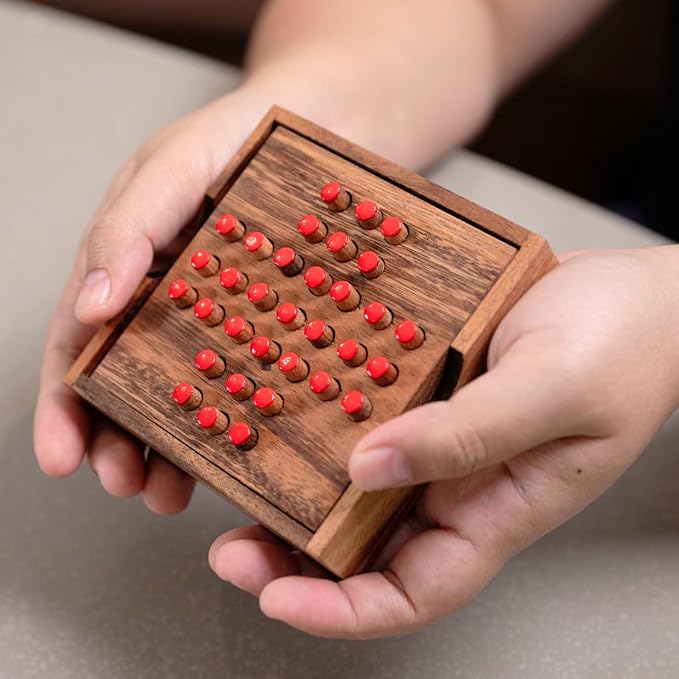 Wood Solitaire Game Classic Peg Solitaire Board Premium Wooden Design Single Player Brain Teaser Strategy Puzzle for Brain Training Tabletop Indoor (Jump All but one)