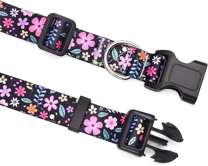 Dog Collar and Leash Set with Bohemia Floral Tribal Geometric Patterns - Soft Ethnic Style Collar Adjustable for Small Medium Large Dogs(Floral Set,L)