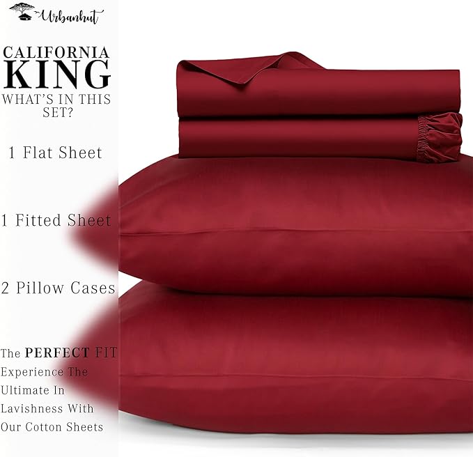 URBANHUT 700 Thread Count Egyptian Cotton California King Sheets, 4Pc Sheet Set Soft Luxury Bed Sheets for Cal King Size Bed, Sateen Weave Hotel Sheets, 16'' Elasticized Deep Pocket - Burgundy