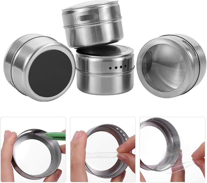 12 Magnetic Spice Jar Containers Spice Tins - Wall Mounted Stainless Steel Base - Easy to Install