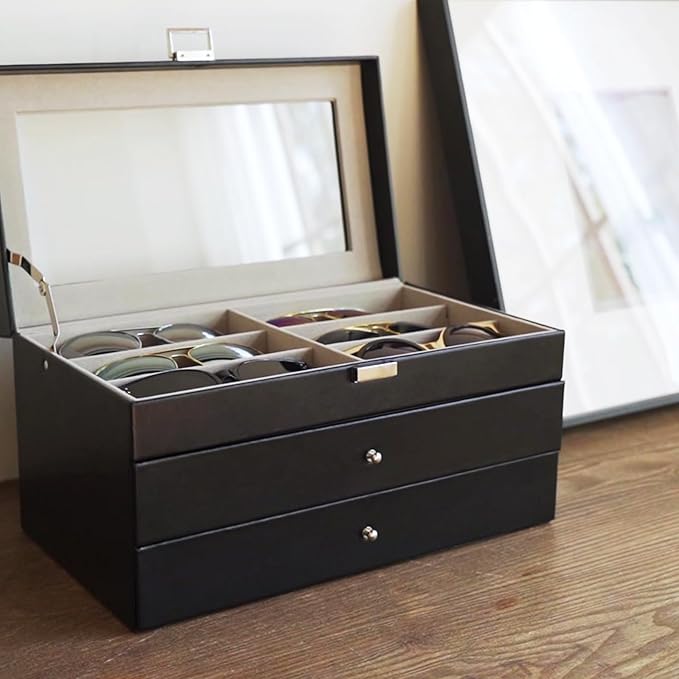 ProCase 3-layer Sunglasses Storage Organizer, 18 Slots Leather Sunglass Box Multiple Pairs Eyeglass Cases Eye Glass Eyewear Display Holder for Men Women, Father's Day Gift -Black