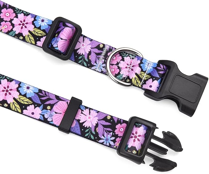 Dog Collar and Leash Set with Bohemia Floral Tribal Geometric Patterns - Soft Ethnic Style Collar Adjustable for Small Medium Large Dogs(Pink Floral Set,M)