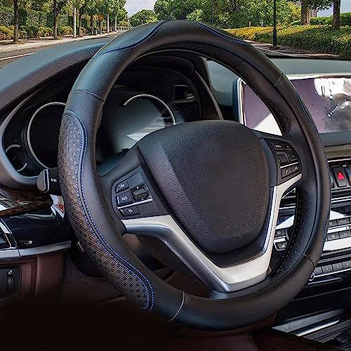 Valleycomfy Leather Steering Wheel Covers Universal 15.75 inch -Breathable, Anti Slip & Odor Free (Black with Blue Lines,L(15" 1/2-16")) - color: Blue, size: L(15"1/2-16")