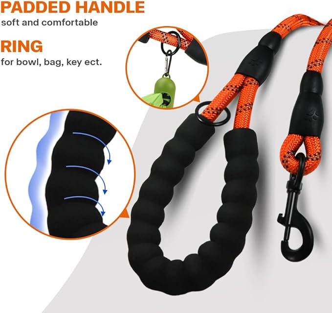 Taglory Rope Dog Leash 4 FT with Comfortable Padded Handle, Highly Reflective Threads Leash and Anti-Tangle Clip for Walking Medium Large Dogs, 1/2 inch, Orange