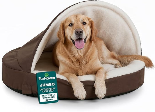 Furhaven 44" Round Orthopedic Dog Bed for Large Dogs w/ Removable Washable Cover, For Dogs Up to 80 lbs - Sherpa & Suede Snuggery - Espresso, 44-inch