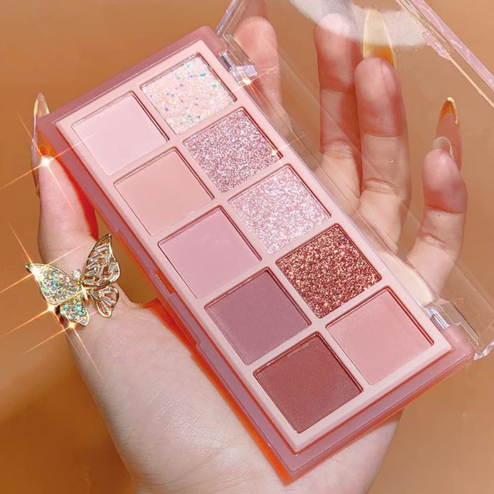 Erinde 10 Colors Eyeshadow Palette Makeup - Matte Shimmer Glitter Eye Shadow, Natural-Looking Korean Eye Makeup, Ultra-Blendable, High Pigmented, Pink Christmas Eyeshadow Palette with Brush, Rose Pink