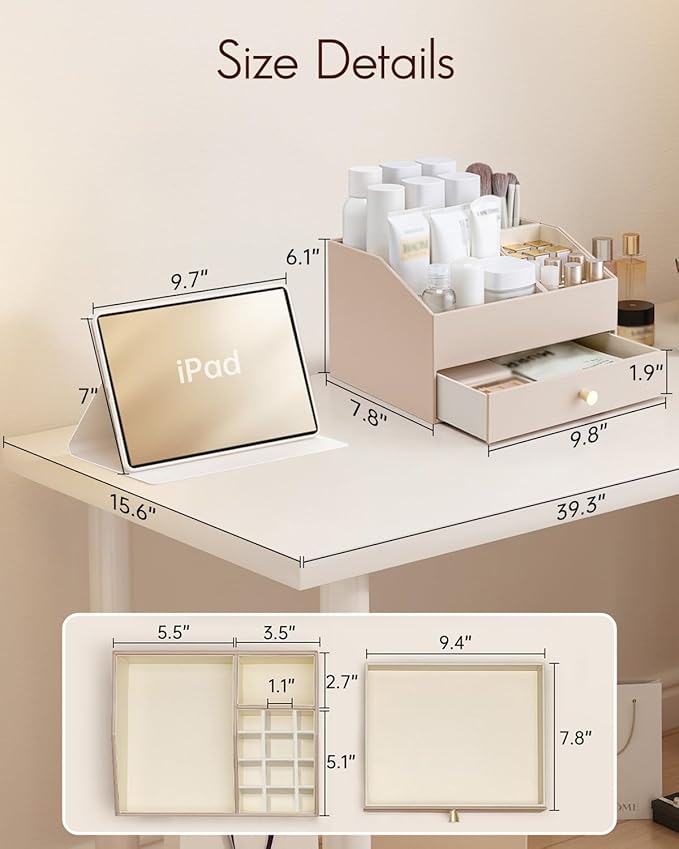 Vlando Makeup Organzier,Vanity Organizer with Drawers, PU Leather Skincare Organizer Perfume Organizer,Large Cosmetic Display Case for Lipstick,Brushes Gifts for Women-Toffee