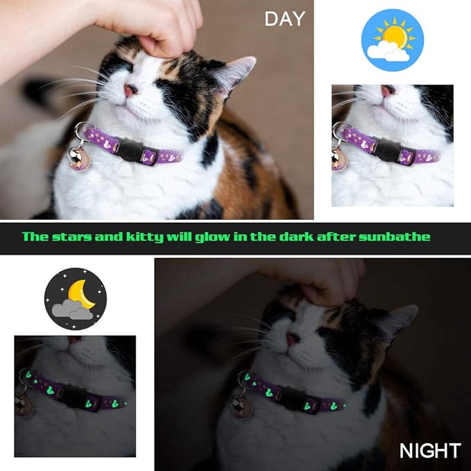 Baeuppit 2PCS Breakaway Cat Collars with Bell Moons Stars Cute Kitty Adjustable Safe Kitten Collars with Pendant Glow in The Dark(Black&Pink)