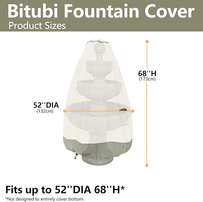 Bitubi Fountain Cover（52"x68"） 600D Oxford Cloth Garden Fountain Statue Protective Cover with Drawstring Waterproof Windproof Fountain Protector