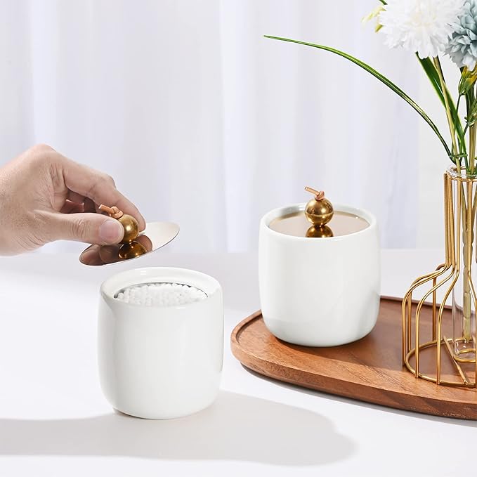 2 Pack Ceramic Qtip Holder Dispenser with Gold Lids, White Apothecary Jars Bathroom Vanity Organizer for Home Decor - Bathroom Canister for Cotton Swabs, Rounds, Balls, Makeup Sponges, Bath Salts