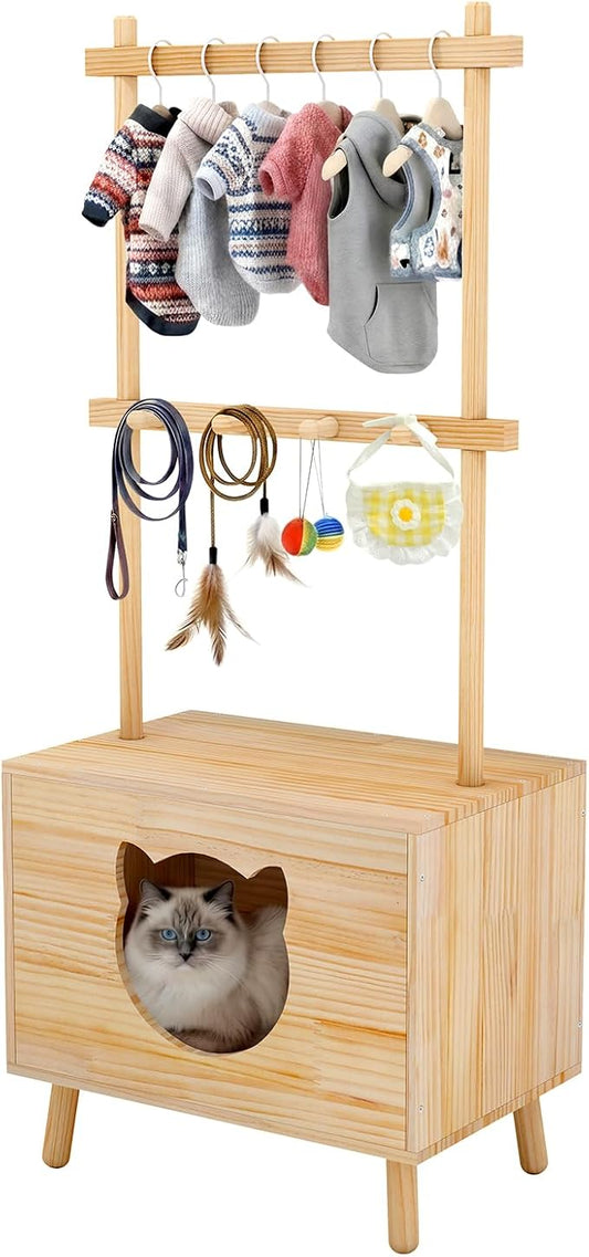 LOYIGA Cat House Side Table,Dog Closet Wooden Pet House Kitten Clothes Rack,Indoor Cat Activity Center for Toy Organization,No Paint (Natural)