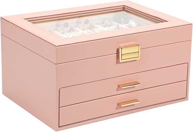 Voova Jewelry Box Organizer for Women Girls, 3 Layer PU Leather Jewelry Storage Case with Glass Lid & 2 Drawers, Large Jewellery Display Holder for Necklaces Rings Earrings Bracelets, Pink