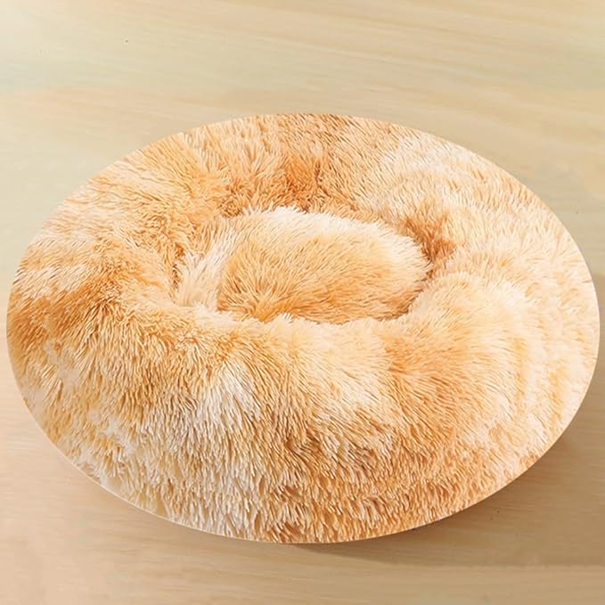 Calming Small Dog Bed & Cat Bed, 16 Inch Donut Fluffy Anti-Anxiety Round Bed Washable Cute Bed, Cuddler Warming Cozy Soft Bed, Plush Cushion Bed for Small Medium Dogs and Cats (Yellow White)