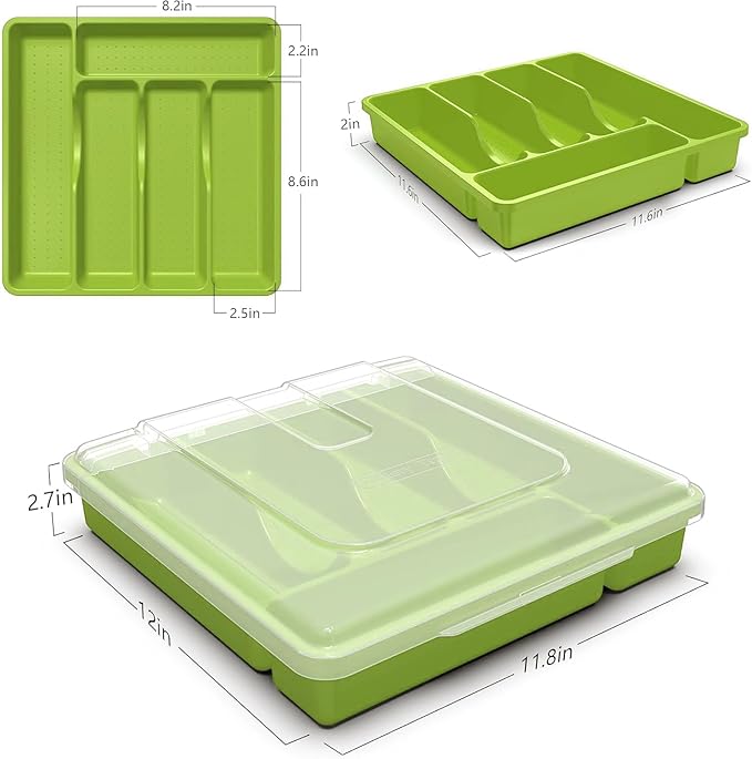 Utensil Holder for Countertop with Lid, Plastic Silverware Tray for Drawer (Green)