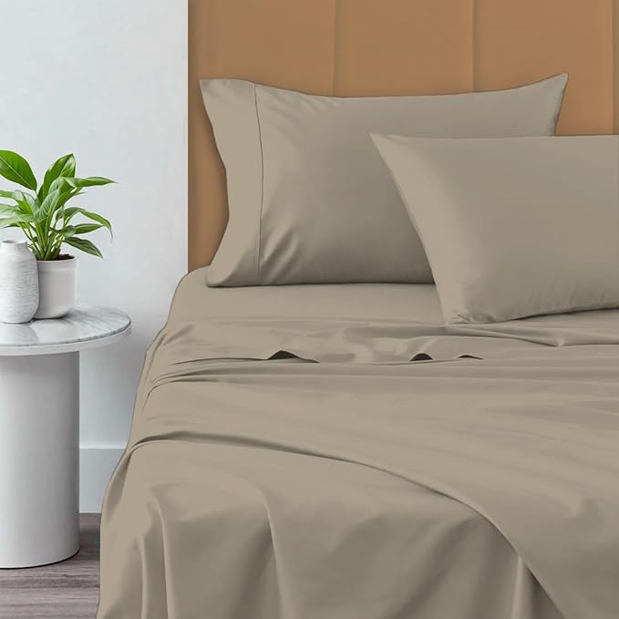 Pizuna Pure 100% Cotton California King Size Sheets, 800 Thread Count Long Staple Cotton Crisp Sateen Sheets with 15inch Deep Pocket (Combed Simply Taupe)
