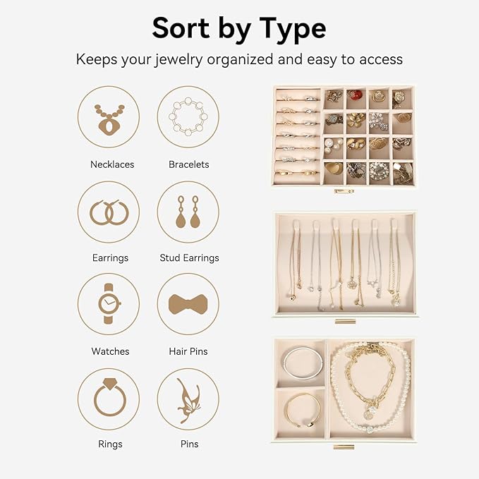 Voova Jewelry Box Organizer for Women Girls, 3 Layer PU Leather Jewelry Storage Case with Glass Lid & 2 Drawers, Large Jewellery Display Holder for Necklaces Rings Earrings Bracelets, White