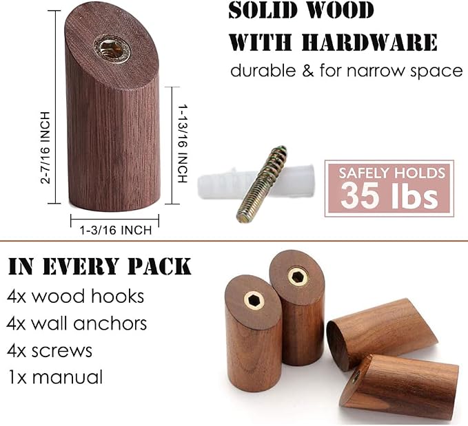 Felidio Wood Wall Hooks, 4 Pack Coat Hooks Wall Mounted, Rustic Wooden Heavy