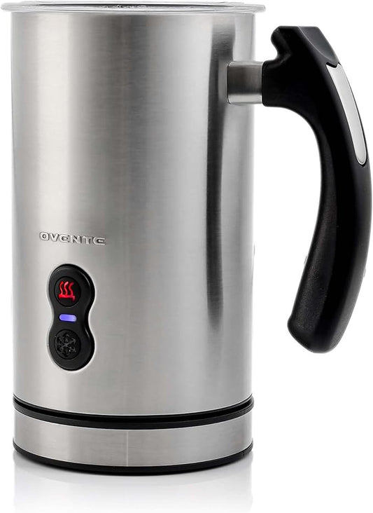 OVENTE Electric Milk Frother and Steamer, Automatic Hot and Cold Foam Maker for Coffee, Latte, Cappuccino or Macchiato, 500W Double-Wall Stainless Steel Milk Warmer with Auto Shutoff, Silver FR3608BR