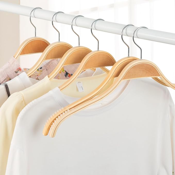 TOPIA HANGER Slim Natural Wood Hangers with Extra Soft Non-Slip Rubber Grips, 10-Pack High-Grade Fashion Hanger No Shoulder Bump for Sweater, Camisole, Jacket, Dress, Coat -CT15N