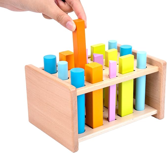 Montessori Toys for 1 2 3 Years Old Wooden 3D Shape Matching Toys,Wooden Posting Stand Montessori Color Sorting Sticks Game-Cognitive Shapes Colors,Educational Sensory Toy for Boys Girls Gift（15 Pcs）