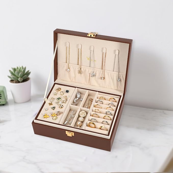 Voova Jewelry Box Organizer for Women Girls, 2 Layer Large Men Jewelry Storage Case, PU Leather Display Jewellery Holder with Removable Tray for Necklace Earrings Rings Bracelets, Caramel Brown