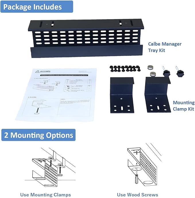 AEONS Under Desk Cable Management Tray Black Horizontal 16-inch Under Desk Removable C Clamp Mount Computer Cord Raceway and Modesty Panel