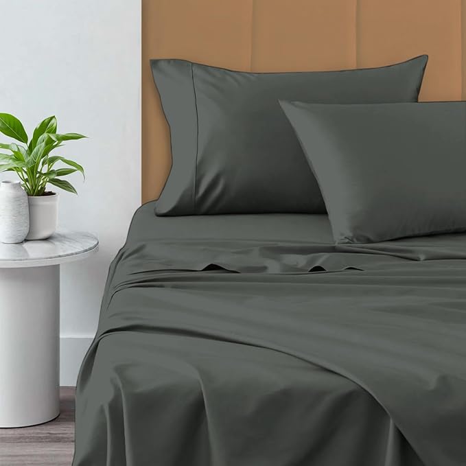 Pizuna Pure 100% Cotton Sheets 6pc Queen Size, 800 Thread Count Long Staple Cotton Crisp Sateen Sheets 6pc Queen with 15inch Deep Pocket (Combed Dark Grey Cotton Sheets 6pc Queen)