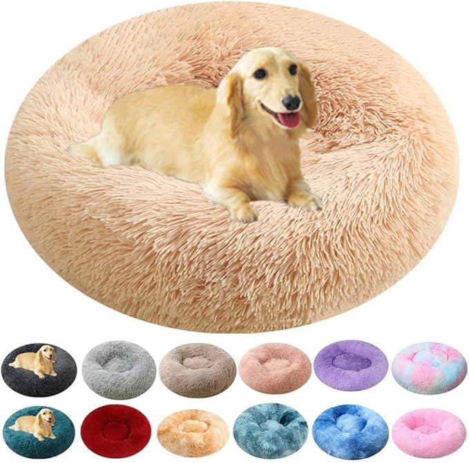 Large Calming Dog Bed, 47 Inch Anti-Anxiety Donut Dog Cuddler Cat Bed, Warming Cozy Soft Dogs Round Bed, Fluffy Faux Fur Machine Washable Pet Cushion for Medium Large Dogs & Cats (Yellow)