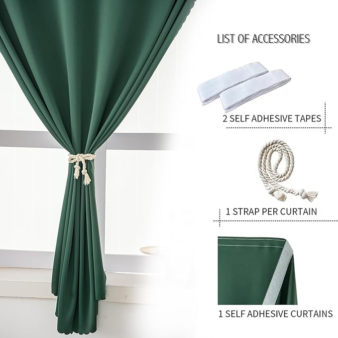 Blackout Curtains for Bedroom Stick On Curtains Window Shades Pull Down Blackout Window Cover No Drillng Self Adhesive Curtains No Rod Small Curtain, 35" W X 79" L, Dark Green, 1 Panel