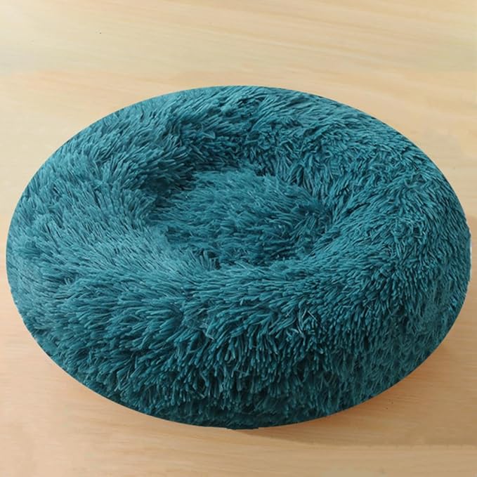 Calming Dog & Cat Bed, 24 Inch Anti-Anxiety Donut Cuddler Cat Bed with Anti-Slip Bottom, Washable Round Fluffy Pet Bed for Small Medium Dogs and Cats (Dark Blue)