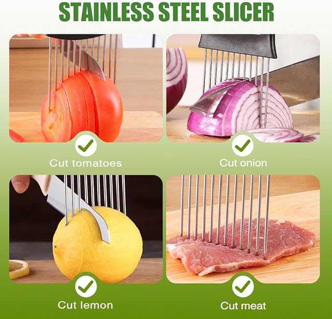 Onion Holder for Slicing, 2025 New Stainless Steel Onion Slicer Holder, Lemon Tomato Onion Cutter, Vegetables Fruit Chopper Kitchen Gadgets Assistant Tool for Meat, Eggs, Onion, Potato, Tomato (3)