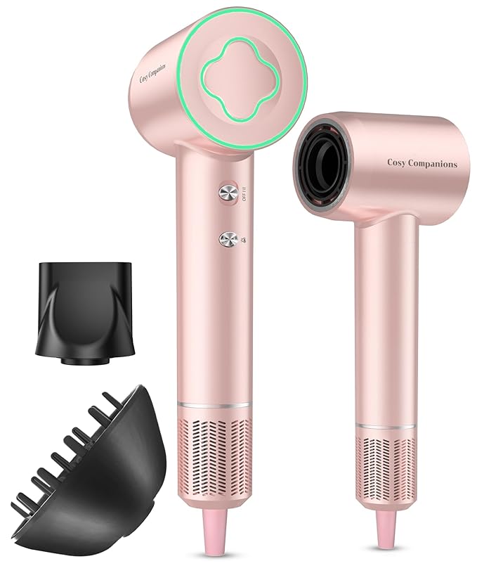 Cosy Companions High-Speed Ionic Hair Dryer, 150000 RPM Brushless Motor for 2-5 Min Fast Drying, Low Noise Blow Dryer Reduces Frizz & Heat Damage, Lightweight Hair Dryer with Diffuser & Nozzle, Pink