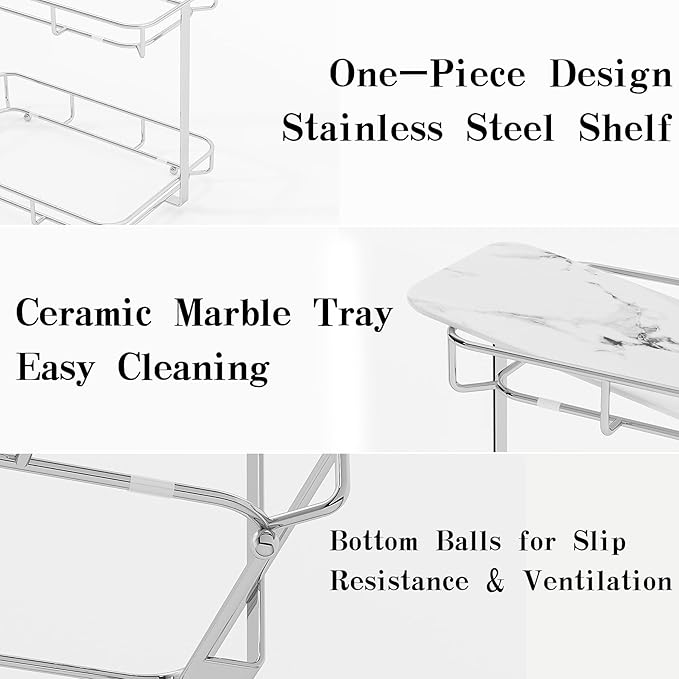 Bathroom Organizer Countertop Perfume Organizer Makeup Organizer Cosmetics Storage Display Rack Vanity Tray Dresser Stainless Steel Gold Shelf White Marble Ceramic Tray