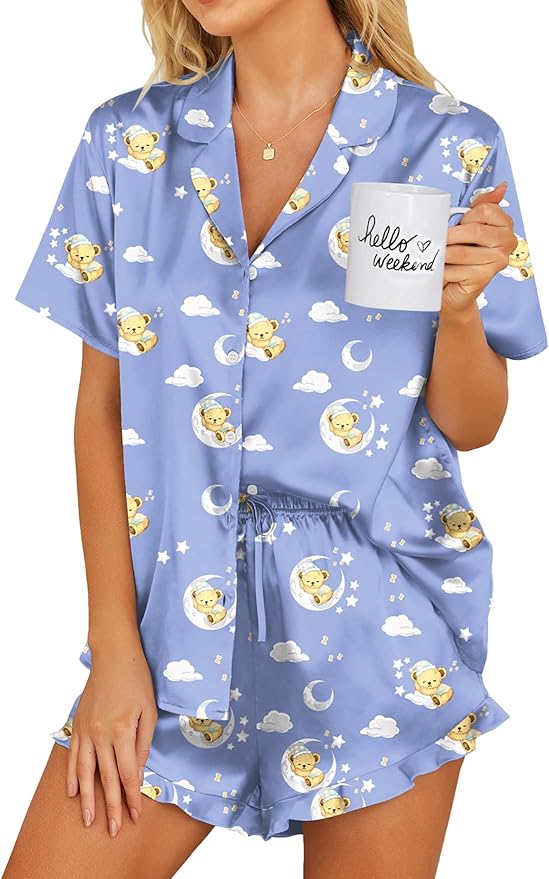 Ekouaer Womens Satin Pajamas Set Button Down 2 Piece Silk Pjs Shorts Set Ruffle Lingerie Notch Collar Sleepwear