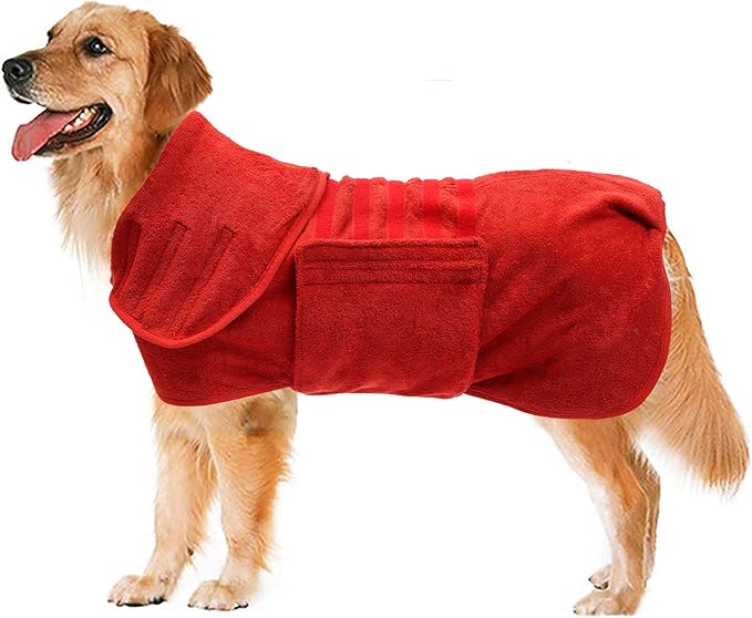 Geyecete Dog Drying Coat - Fast Drying Dog Bathrobe Towel - Microfibre Super Absorbent Pet Cat Bath Robe, Luxuriously Soft - Red - L