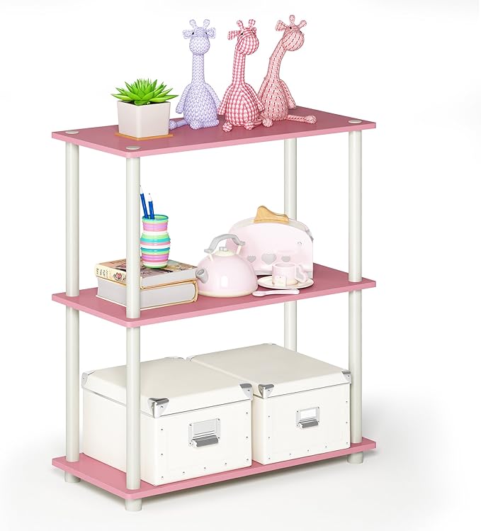 Furinno TURN-N-TUBE Storage Shelves, 3-Tier Book Shelf, Corner Shelf, Toolless Open Shelves, for Organization and Storage, Living Room, Garage, Home Office, Pink