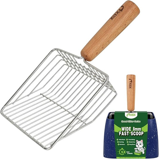 XBX Cat Litter Scoop with Holder, Sturdy Stainless Steel Litter Scooper, Wide Gap Litter Shovel with Beech Wood Handle for Easy Daily Litter Box Cleaning