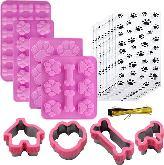 Dog Baking Supplies - Silicone Molds, Stainless Steel Puppy Paw Bone House Cookie Cutters, with 100 Pieces Dog Treat Bags for Homemade Chocolate, Candy, Jelly, Ice Cube, Doggie Treats