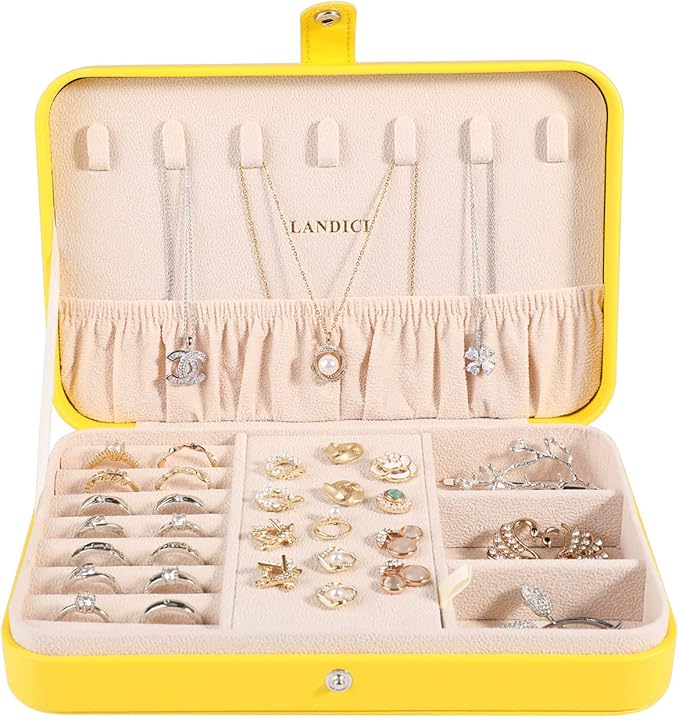 LANDICI Small Jewelry Box for Women Girls, PU Leather Travel Jewelry Organizer Case, Portable Jewellery Storage Holder Display for Ring Earrings Necklace Bracelet Bangle Watch Men Kids Gift, Yellow