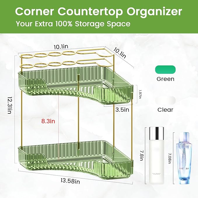 NATURE'S SOURCE Makeup Organizer for Vanity, 2-Tier Corner Bathroom Organizer Countertop with Makeup Brush Holder, Corner Counter Storage for Bathroom Dresser- Green