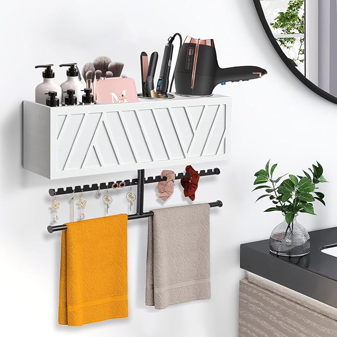 Rustic Hair Dryer Holder Wall Mounted,Hair Styling Tools & Accessories Organizer,Bathroom Supplies & hot Tools vanities Organizer Caddy,for Storage Flat Iron,Blow Dryer,Curling Iron,Towel