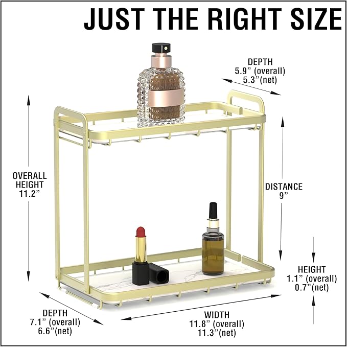 Counter Organizer for Bathroom, Kitchen or Coffee Bar, Metal Shelf with Faux Marble, Vanity Countertop Makeup Storage, Dresser Perfume Display Rack, Toilet Tank Tray (Matte Silver, 2-Tier)