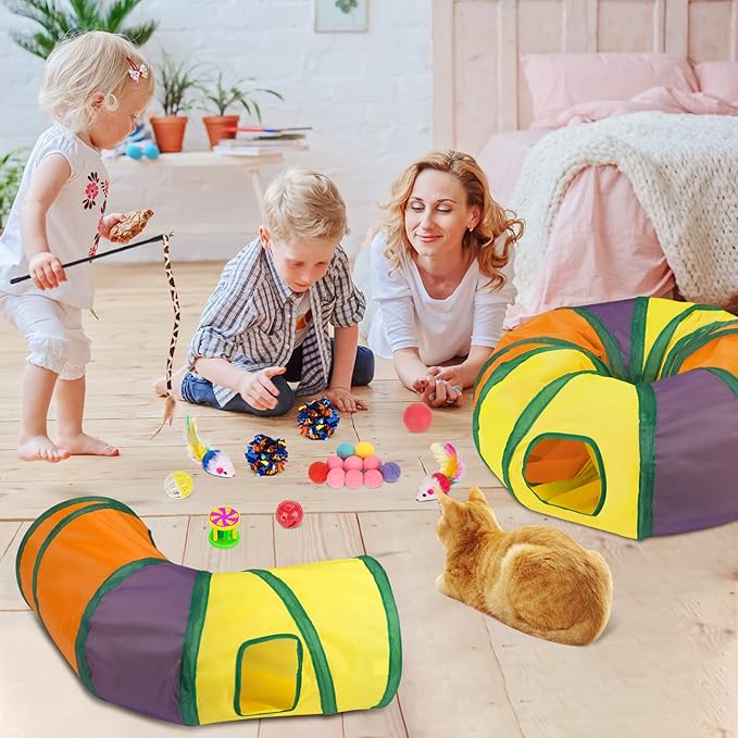 Retro Shaw Cat Toys Pack with Tunnels, Interactive Kitten Toys for Indoor Cats Kitty, Kitten Tube Tent Feather Wand Teaser Bell Fuzzy Ball Crinkly Springs Mouse (33 Pcs Large Cat Tunnel Toys Set)