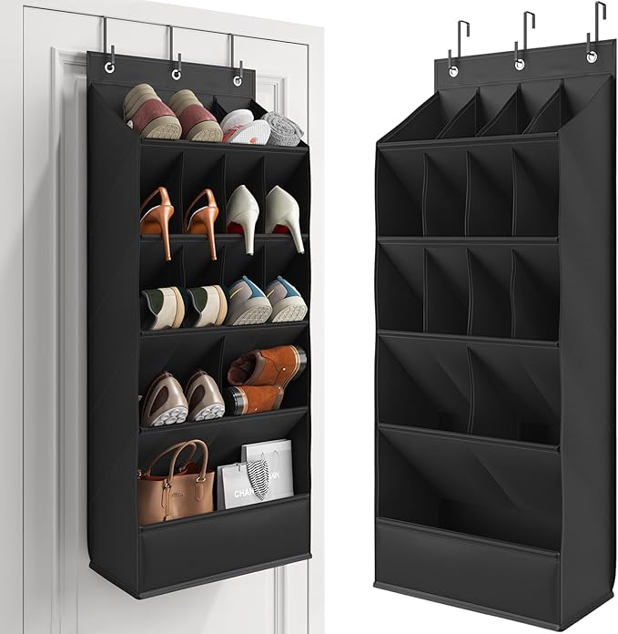 Over the Door Shoe Rack with Large Deep Pockets, Door Shoes Organizer for Closet, Hanging Boots Shoe Rack, Behind the Door Narrow Shoe Holder, Multiple Pockets for Flexible Storage, Black ﻿
