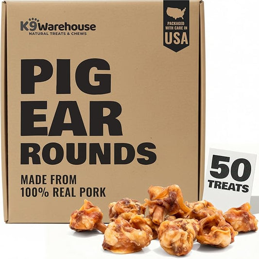 K9warehouse Premium Natural Pig Ears Rounds Packed in USA - 50 Count Pig Ears for Dogs Large - Tasty Pigs Ear Dog Treats - Bulk Pig Ears for Large/Small Dogs - Ideal Dog Pigs Ears Made for Training