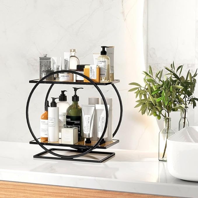 Perfume Organizer for Dresser, Black Bathroom Counter Organizer, 2 Tier Vanity Makeup Organizer, Bathroom Organizer and Storage for Skincare Cosmetic Perfume Display Stand for Bedroom Decor