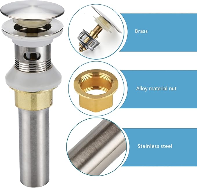 Rockgoya Bathroom Sink Drain,5 Pack Drain Stopper Bathroom Sink with Overflow,Pop Up Drain Assembly with Detachable Strainer Basket,Built-in Anti-Clogging Strainer,Stainless Steel Brushed Nickel