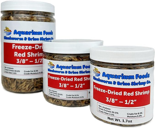 Aquatic Foods Inc. Red River Shrimp - Freeze-Dried 3/8" to 1/2" Red River Shrimp for Cichlids, Koi & Pond Fish, Aquatic Turtles, All Community Tropical Fish, Reptiles, Rodents…1.7oz Sm Round Jar