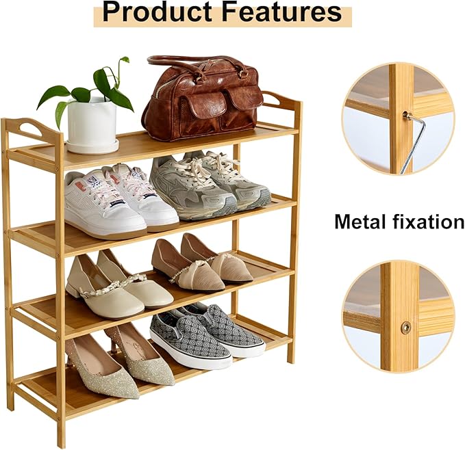 4 Tier Bamboo Shoe Rack, Free Standing Shoe Racks, Shoes Rack Organizer, Bamboo Wood Shoe Rack for Entryway and Closet Hallway (27.5" x 9.25" x 27.1")
